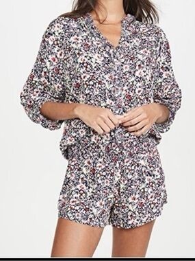 Poupette St Barth Floral Smocked Waist Romper Size Small Black Multicolor Viscos